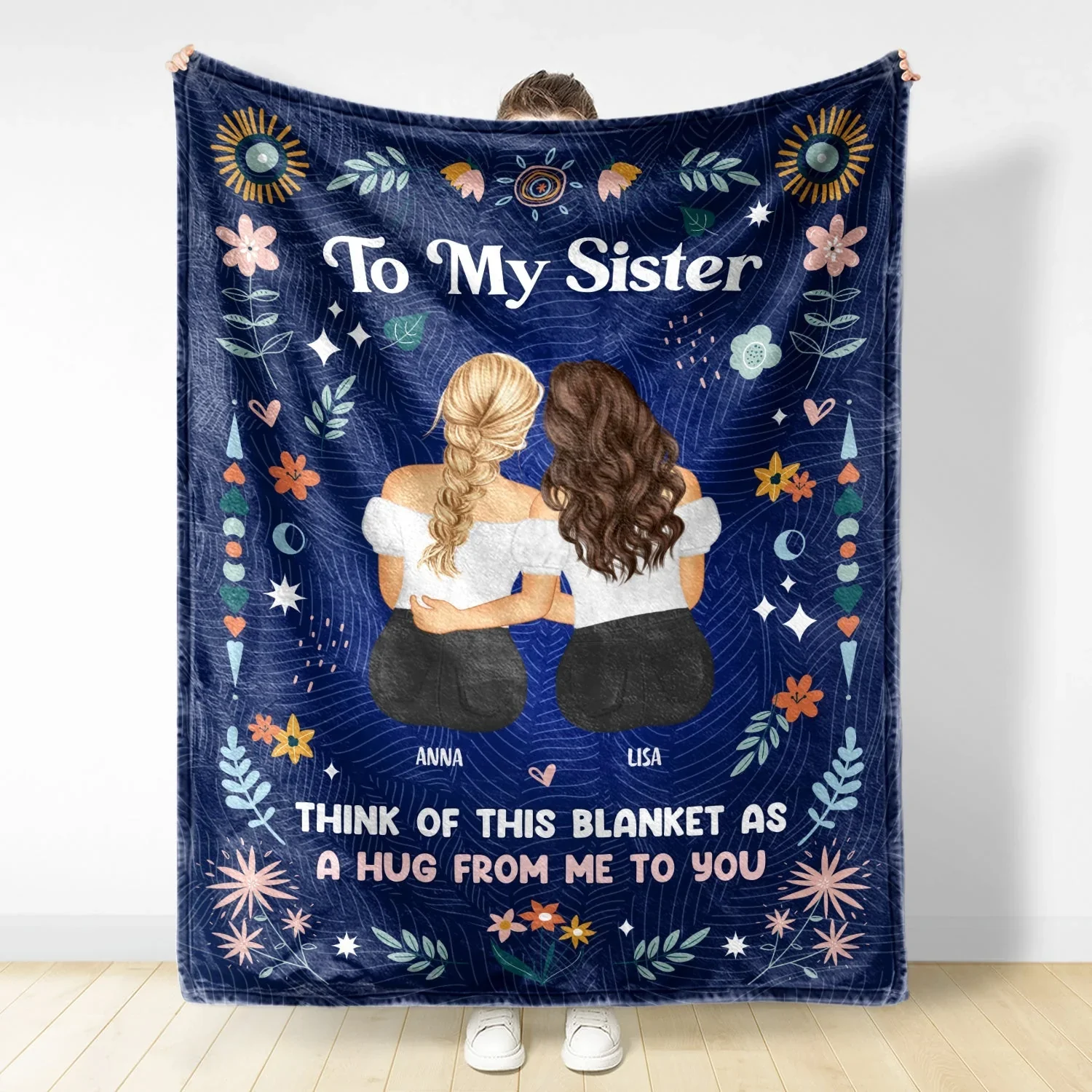Fleece Blanket for Sister, Hugging Sisters Art with 'To My Sister' & 'A Hug from Me to You', Navy Floral, a Unique Gift - Image 6