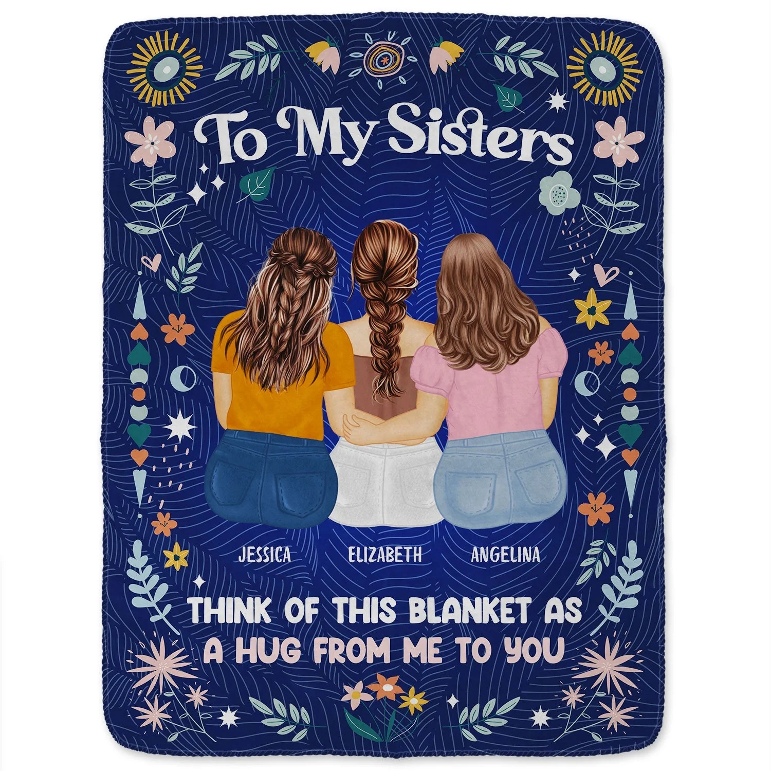 Fleece Blanket for Sister, Hugging Sisters Art with 'To My Sister' & 'A Hug from Me to You', Navy Floral, a Unique Gift - Image 8