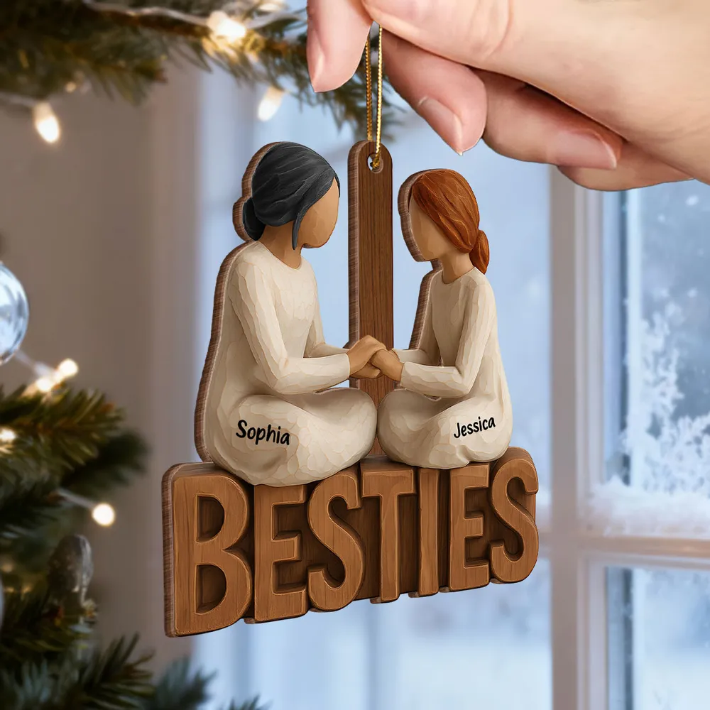 Wooden Ornament Besties Hand-in-Hand, Minimalist Carved Wood Design, Unique Gift for Best Friend, Ready to Hang - Image 2