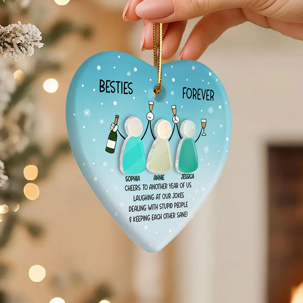 Personalized Besties Heart Ornament – Double-Layer Ceramic & Acrylic Design with Sea-Glass Look, Friendship Holiday Gift - Image 2