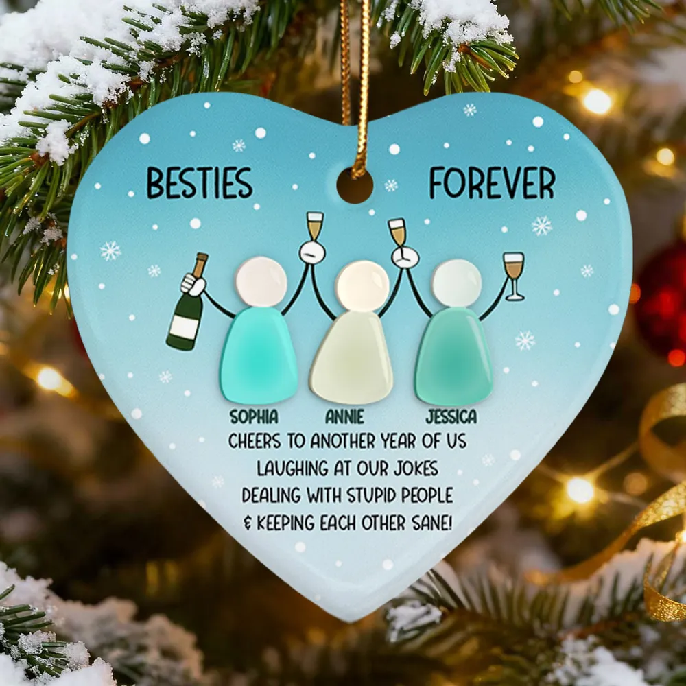 Personalized Besties Heart Ornament – Double-Layer Ceramic & Acrylic Design with Sea-Glass Look, Friendship Holiday Gift - Image 3