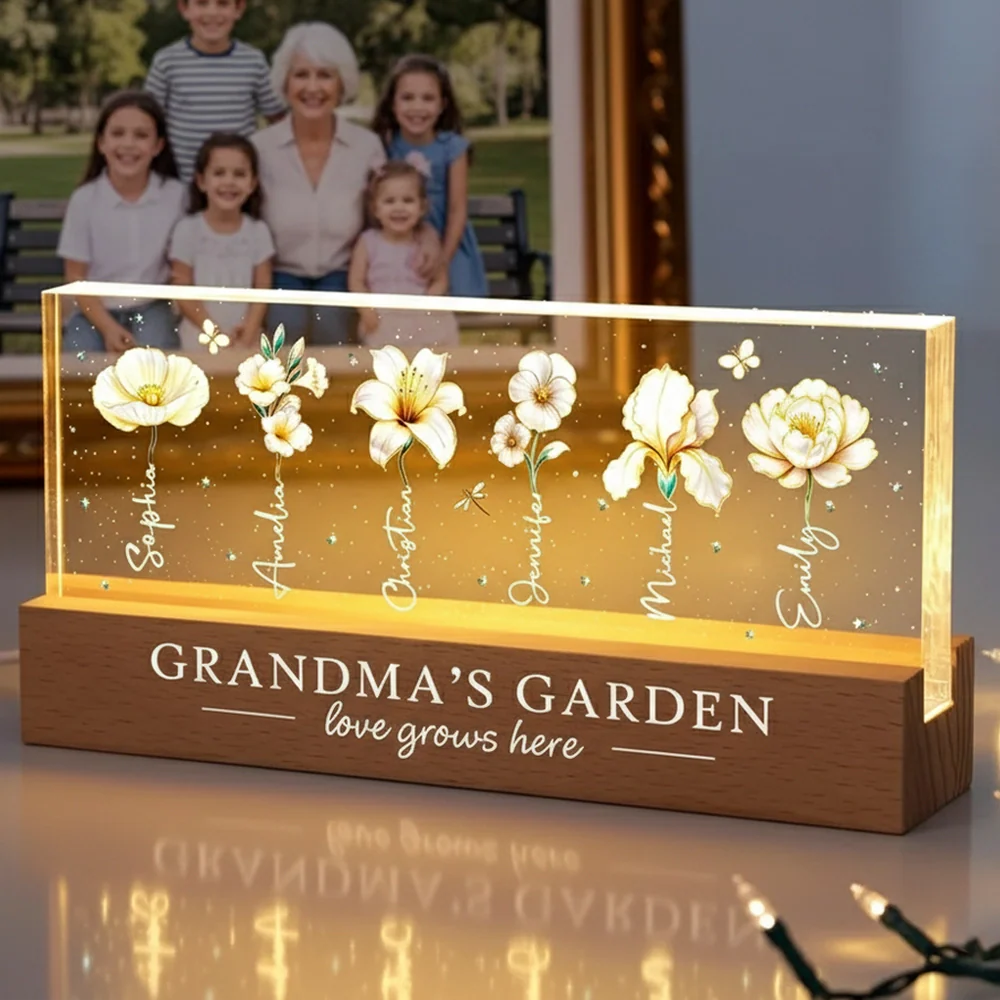 Grandma's Garden Block LED Light Plaque with Birth Month Flowers, Warm Glow Decor, Personalized Unique Gift for Grandma - Image 2