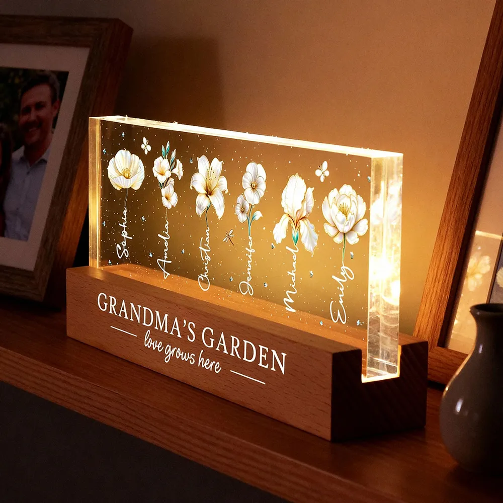 Grandma's Garden Block LED Light Plaque with Birth Month Flowers, Warm Glow Decor, Personalized Unique Gift for Grandma - Image 7