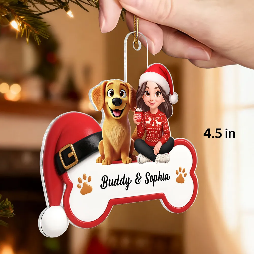 Acrylic Ornament - Personalized Girl with Dog Bone Design for Christmas Tree, unique gift for Dog Lovers - Image 2