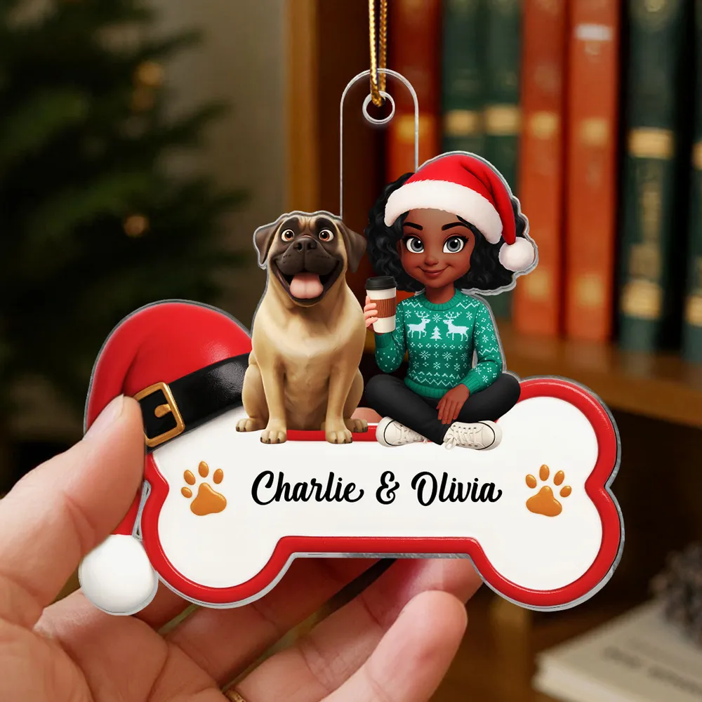 Acrylic Ornament - Personalized Girl with Dog Bone Design for Christmas Tree, unique gift for Dog Lovers - Image 3