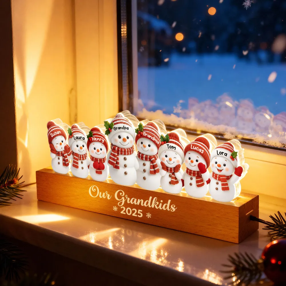 Snowman Grandkids Acrylic Block LED Plaque - Cozy Christmas Glow, a unique gift for Grandparents - Image 2