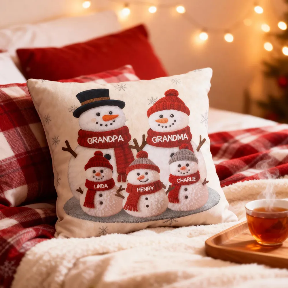 Square Pillow, Snowman Family Christmas Design, Personalized Holiday Decor, Cozy Accent for Grandma & Grandpa, a Unique Gift - Image 2