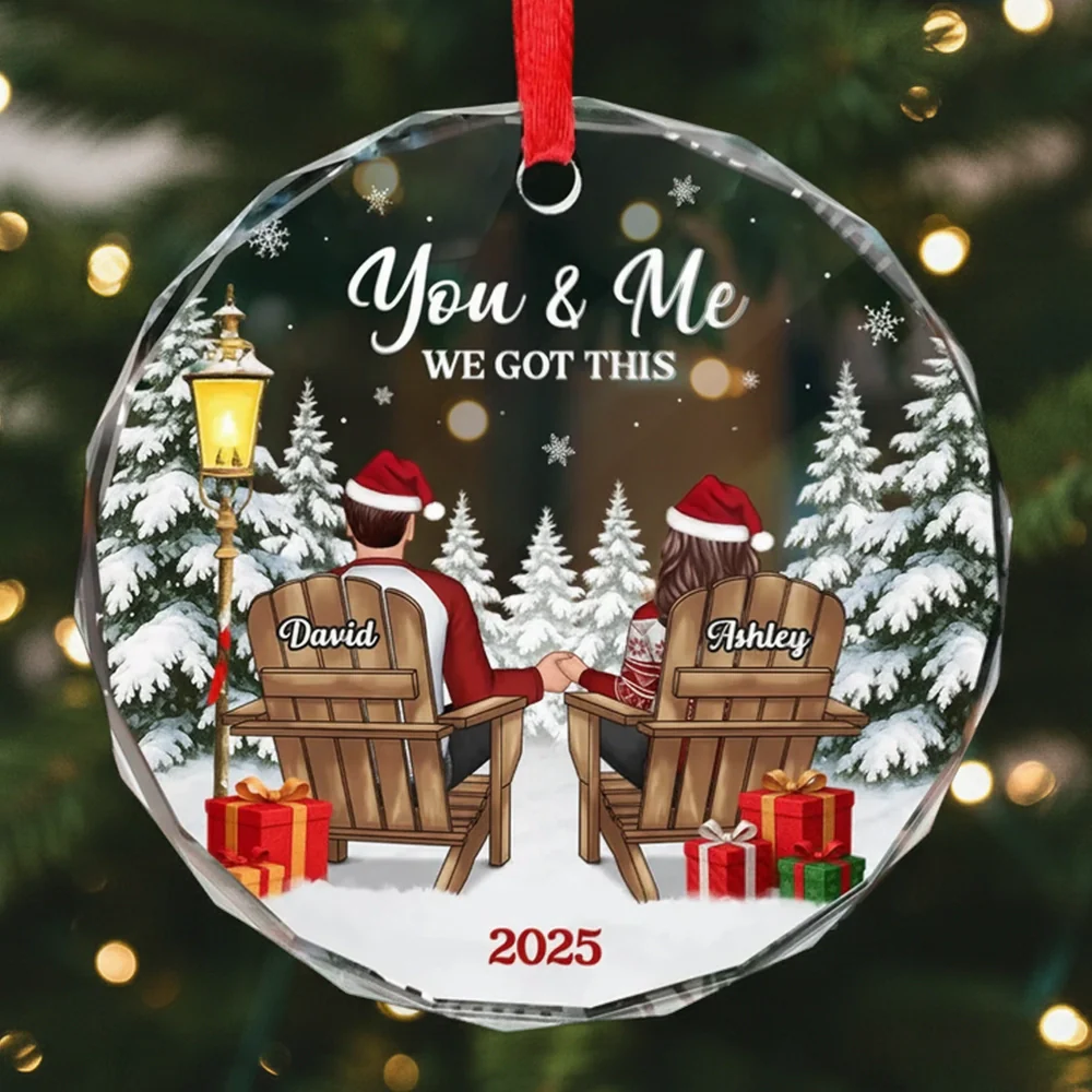 Crystal Ornament - Couple in Snowy Winter Landscape, 'You & Me' - Cozy Christmas Tree Decor, Unique Gift for Couples
