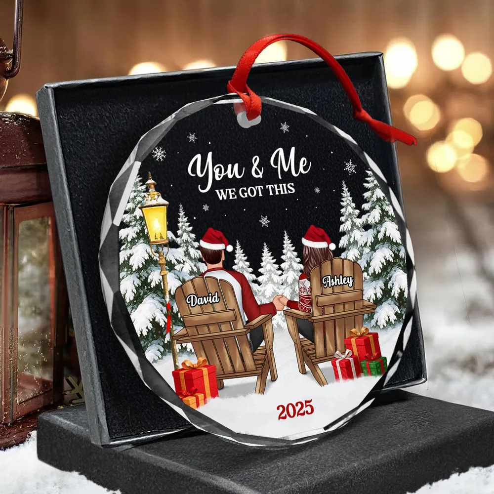 Crystal Ornament - Couple in Snowy Winter Landscape, 'You & Me' - Cozy Christmas Tree Decor, Unique Gift for Couples - Image 2