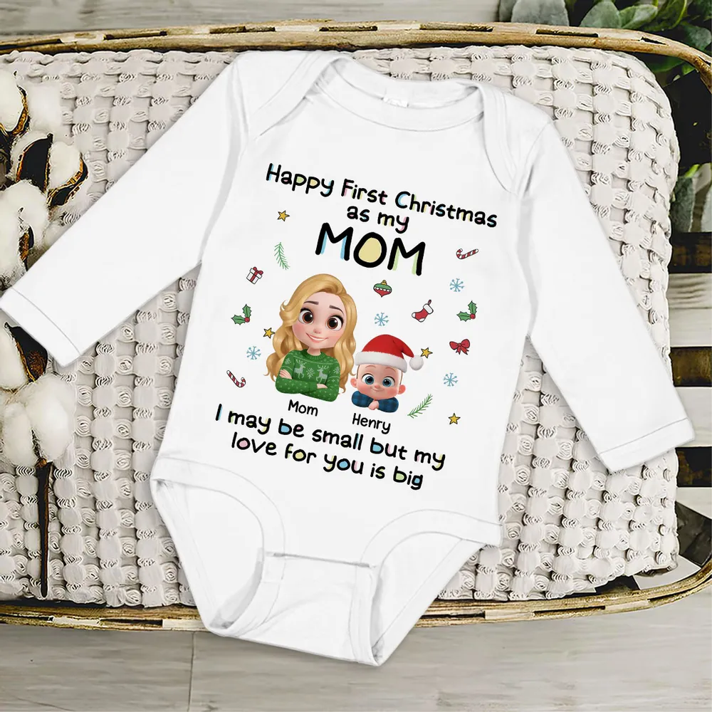 Long Sleeve Baby Onesie, First Christmas with Mom, Cute Cartoon Print, Cozy Holiday Outfit, Unique Gift for Mom & New Parents
