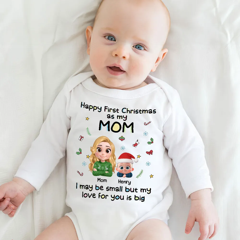 Long Sleeve Baby Onesie, First Christmas with Mom, Cute Cartoon Print, Cozy Holiday Outfit, Unique Gift for Mom & New Parents - Image 2