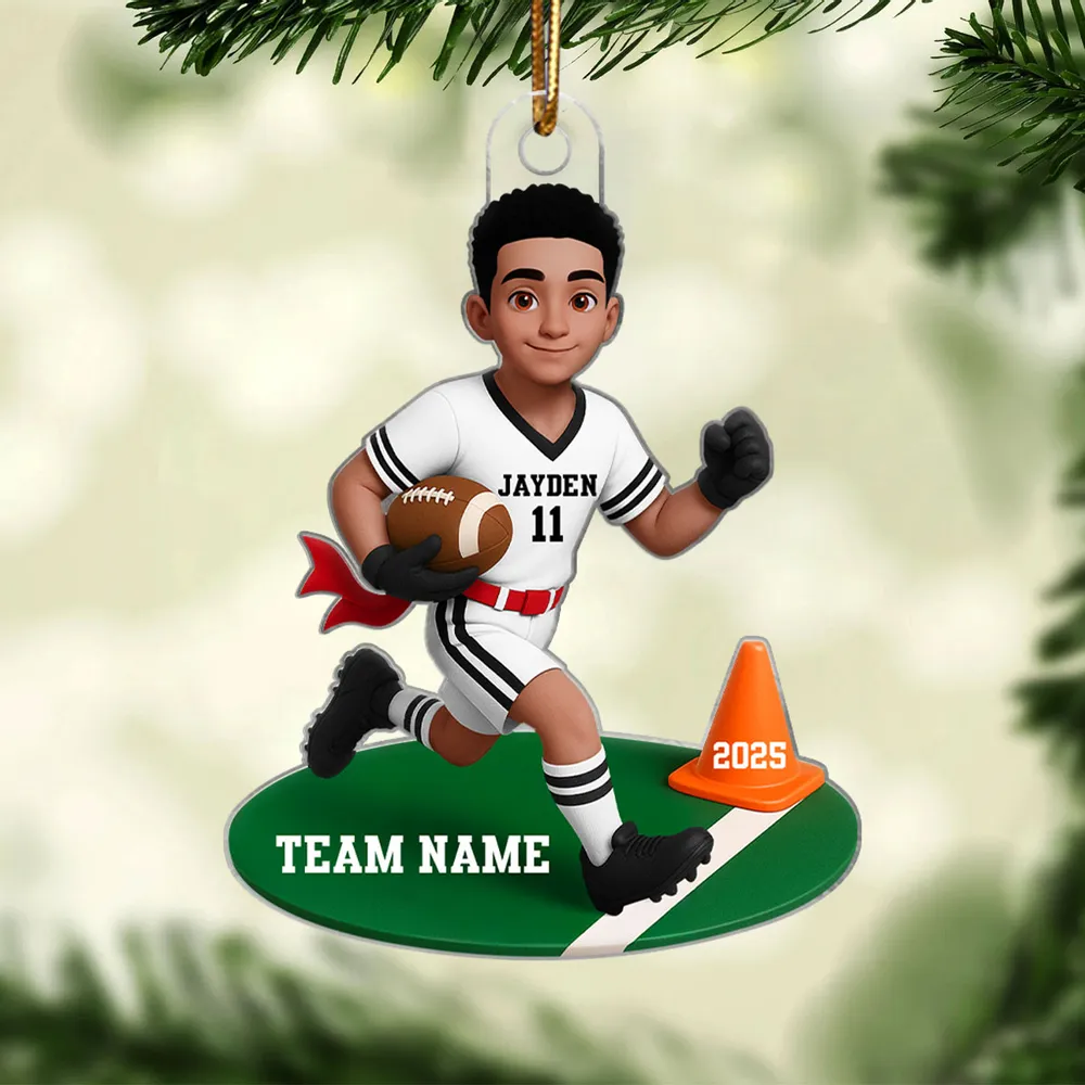 Acrylic Ornament Personalized Flag Football Kid Running on Field, Unique Christmas Tree Gift for Son - Image 3