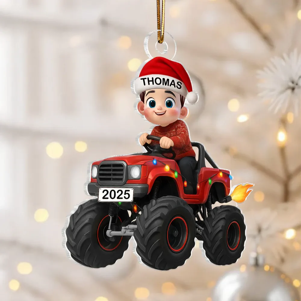 Personalized Acrylic Ornament - Kid Driving Monster Truck in Santa Hat - Christmas Tree Decor, Unique Gift for Kids - Image 3