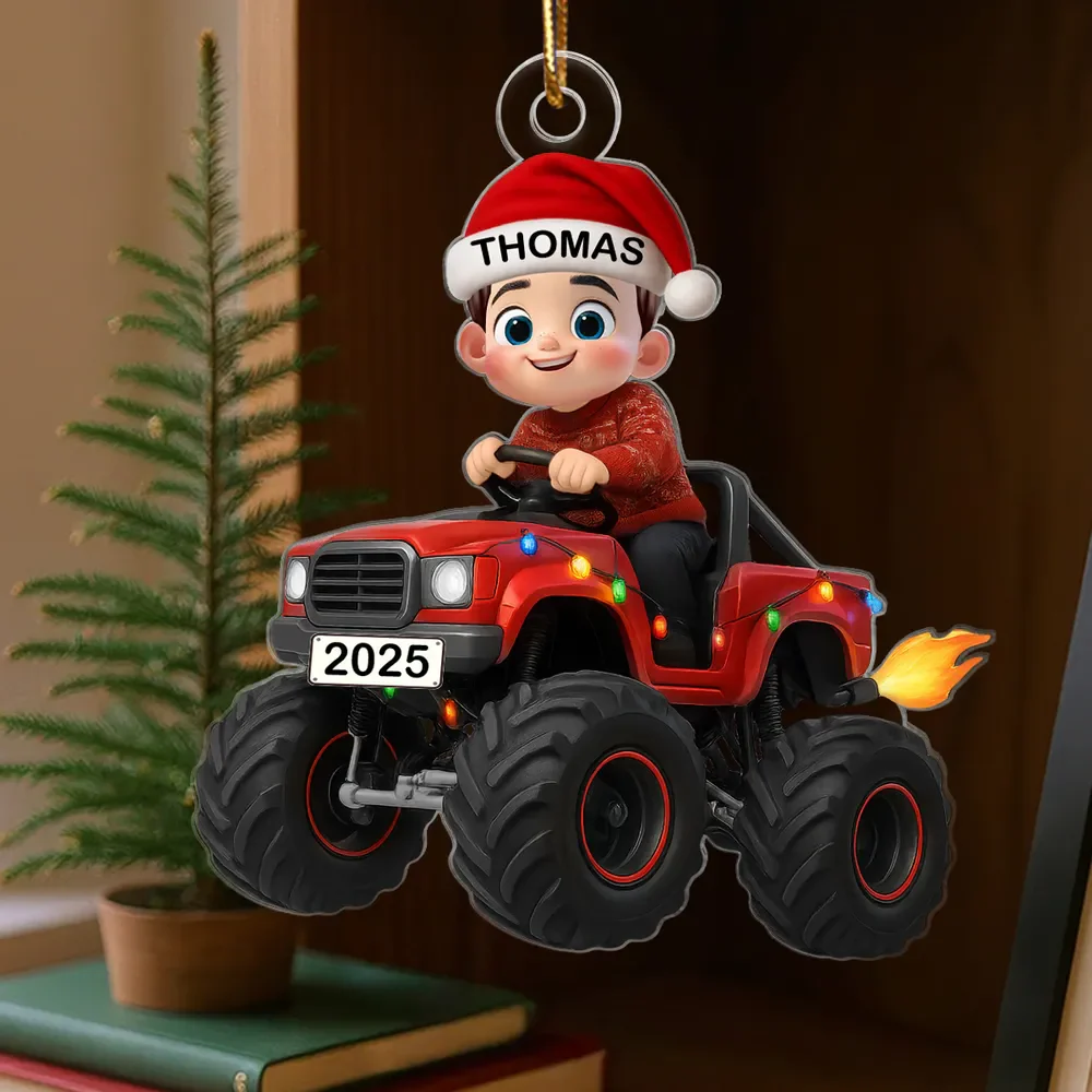 Personalized Acrylic Ornament - Kid Driving Monster Truck in Santa Hat - Christmas Tree Decor, Unique Gift for Kids - Image 5