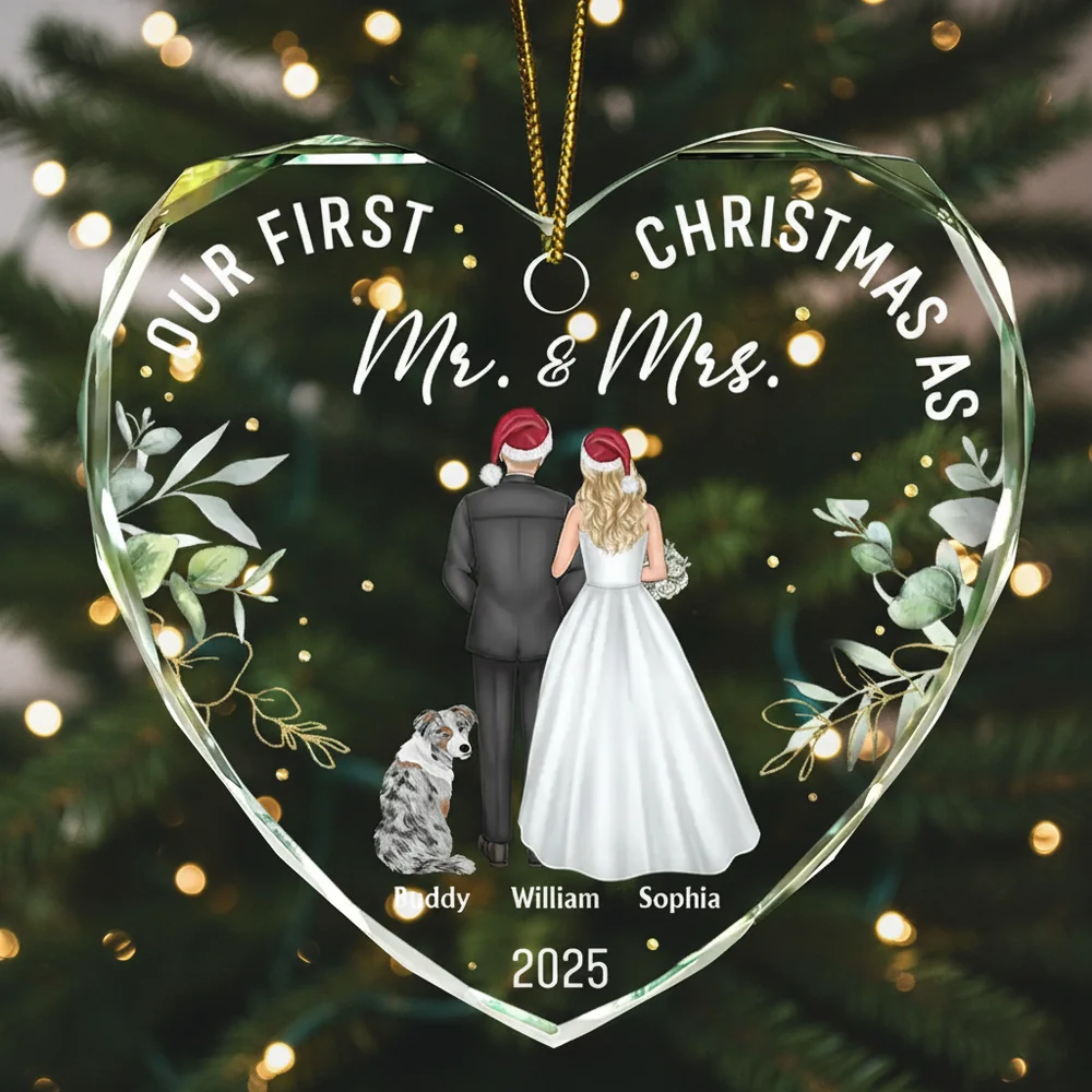 Crystal Heart Ornament for Couples - Elegant Glass Heart, Personalized Mr & Mrs First Christmas, Creative Wedding Gift