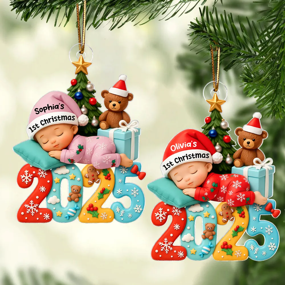 Acrylic Ornament Baby's First Christmas, sleeping baby and Christmas tree, festive keepsake, a unique gift for new parents