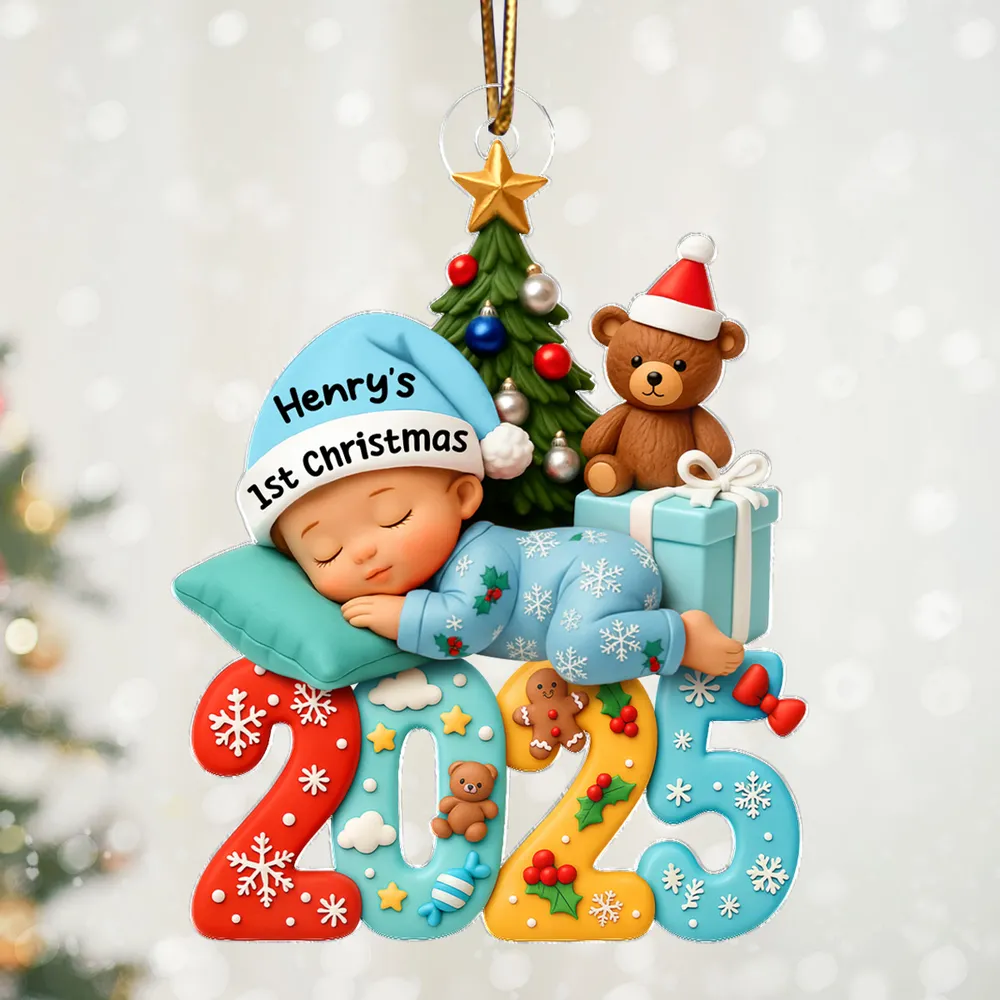 Acrylic Ornament Baby's First Christmas, sleeping baby and Christmas tree, festive keepsake, a unique gift for new parents - Image 3