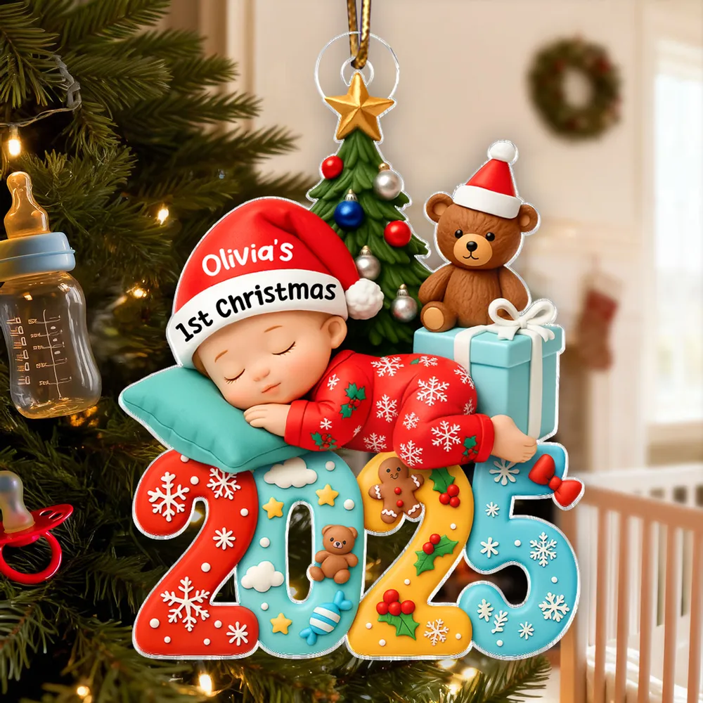 Acrylic Ornament Baby's First Christmas, sleeping baby and Christmas tree, festive keepsake, a unique gift for new parents - Image 6