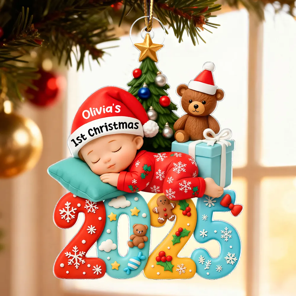 Acrylic Ornament Baby's First Christmas, sleeping baby and Christmas tree, festive keepsake, a unique gift for new parents - Image 7