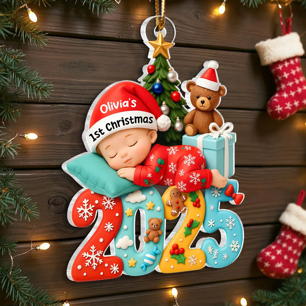 Acrylic Ornament Baby's First Christmas, sleeping baby and Christmas tree, festive keepsake, a unique gift for new parents - Image 8