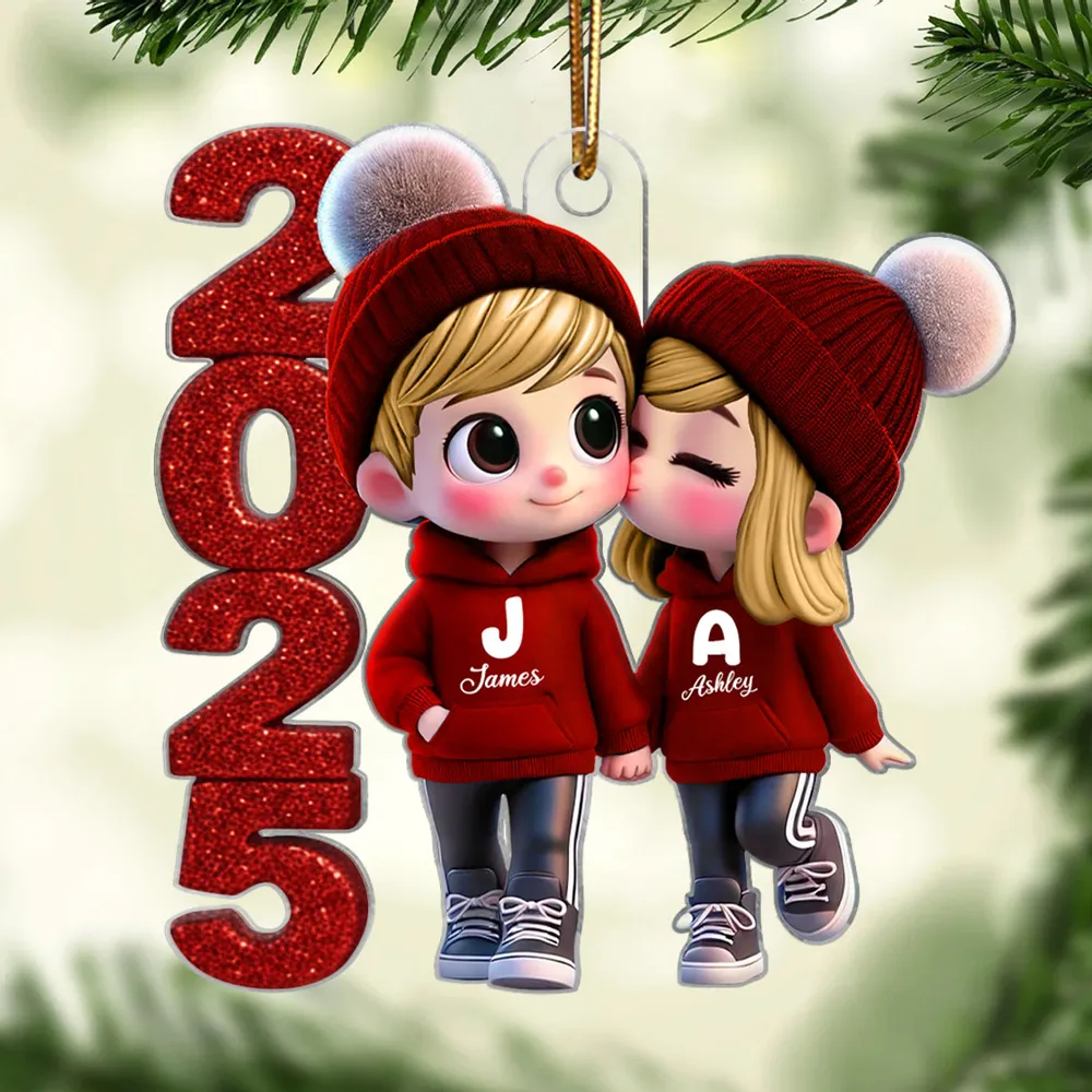 Acrylic Ornament - Cute Couple Kiss, winter hats, Christmas tree decor, romantic keepsake, unique gift for couples - Image 10