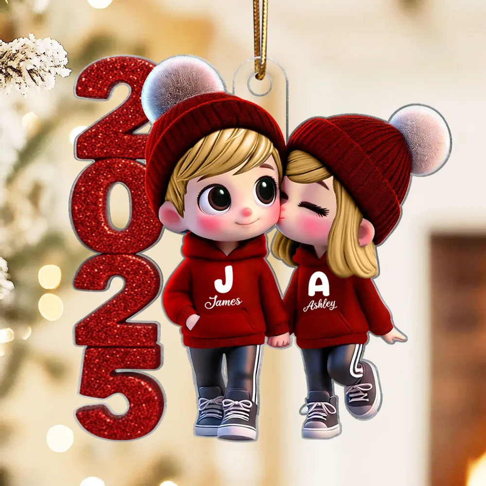 Acrylic Ornament - Cute Couple Kiss, winter hats, Christmas tree decor, romantic keepsake, unique gift for couples - Image 12