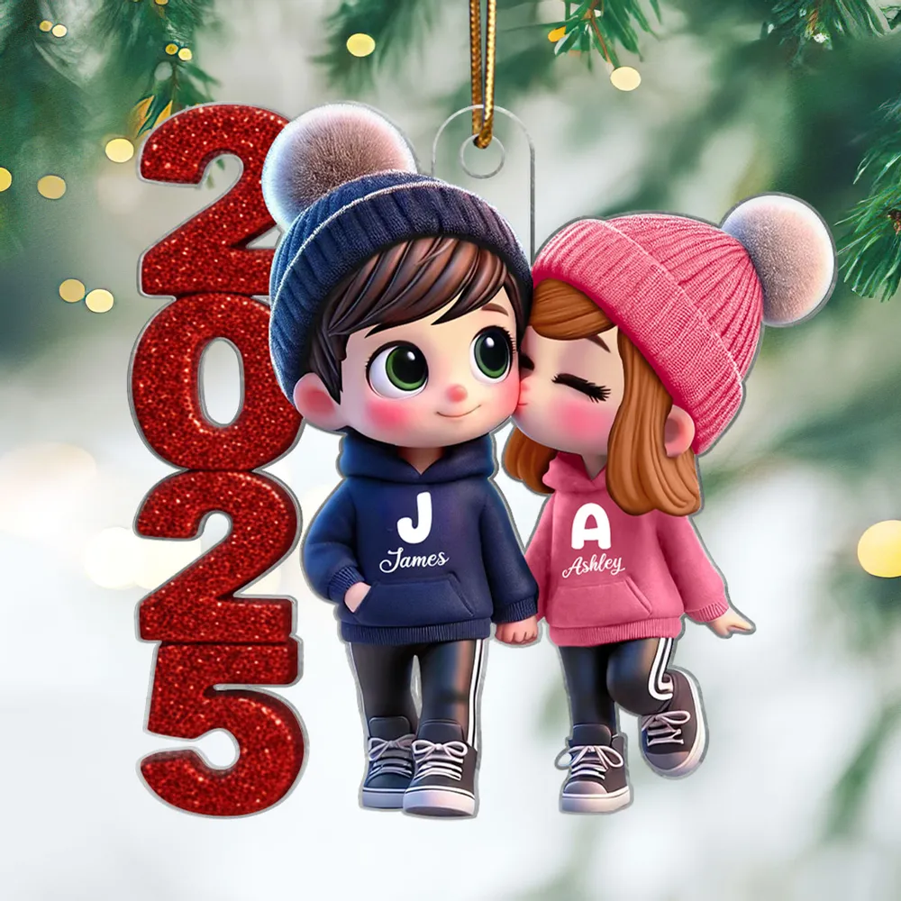Acrylic Ornament - Cute Couple Kiss, winter hats, Christmas tree decor, romantic keepsake, unique gift for couples - Image 4