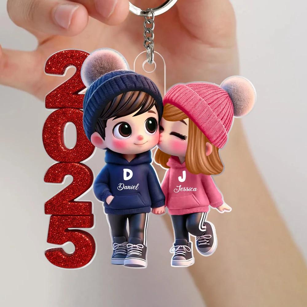 Acrylic Ornament - Cute Couple Kiss, winter hats, Christmas tree decor, romantic keepsake, unique gift for couples - Image 6