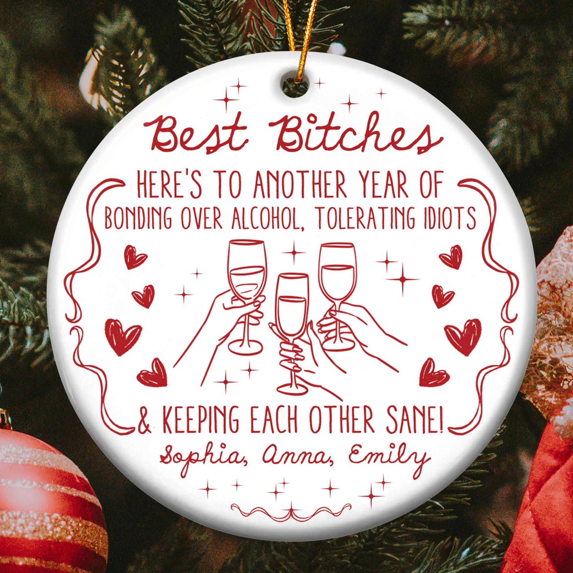 Ceramic Ornament Funny BFF Cheers Line Art in Red, Christmas Tree Decor, clinking glasses, unique gift for Best Friends - Image 5
