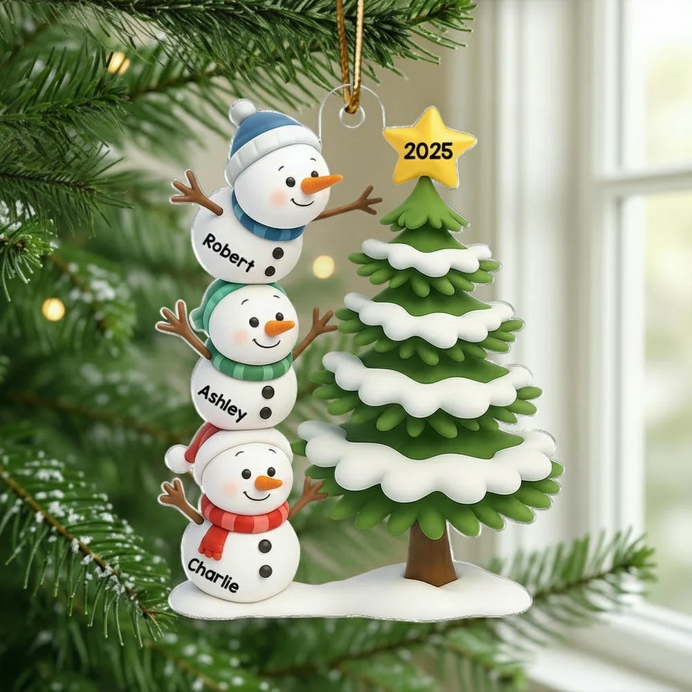 Snowman Family Acrylic Ornament, Customizable, Christmas Tree Scene, Layered Look, Unique Gift for Family & Kids