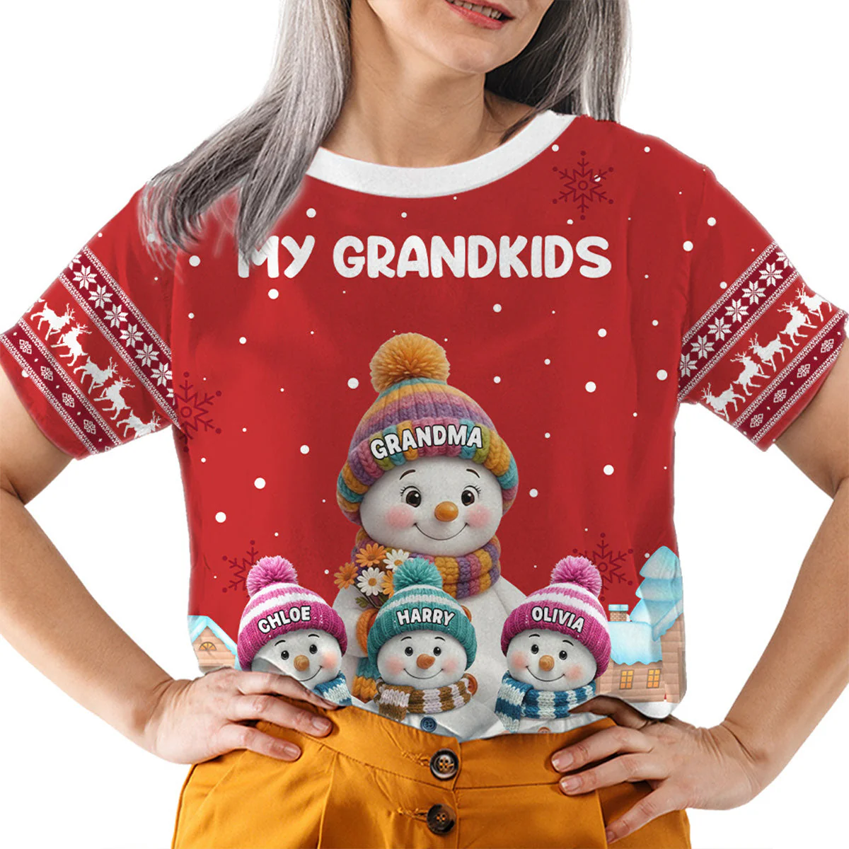 Personalized Printed Classic Tee for Grandma with Grandkids Snowman Scene, Cozy Christmas Gift She Will Love - Image 2