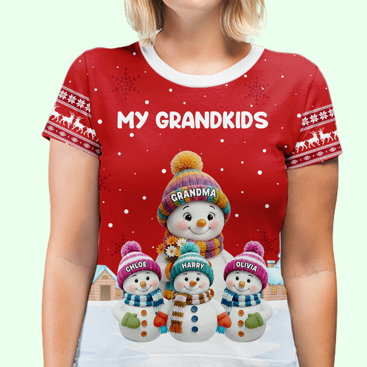 Personalized Printed Classic Tee for Grandma with Grandkids Snowman Scene, Cozy Christmas Gift She Will Love - Image 5