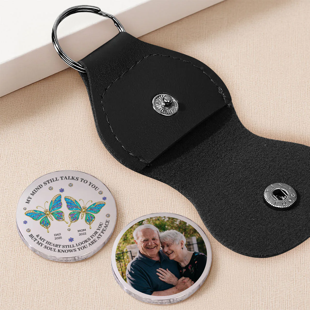 Personalized Memorial Pocket Hug Keychain with Photo – Butterfly Tribute for Dad & Mom - Image 2