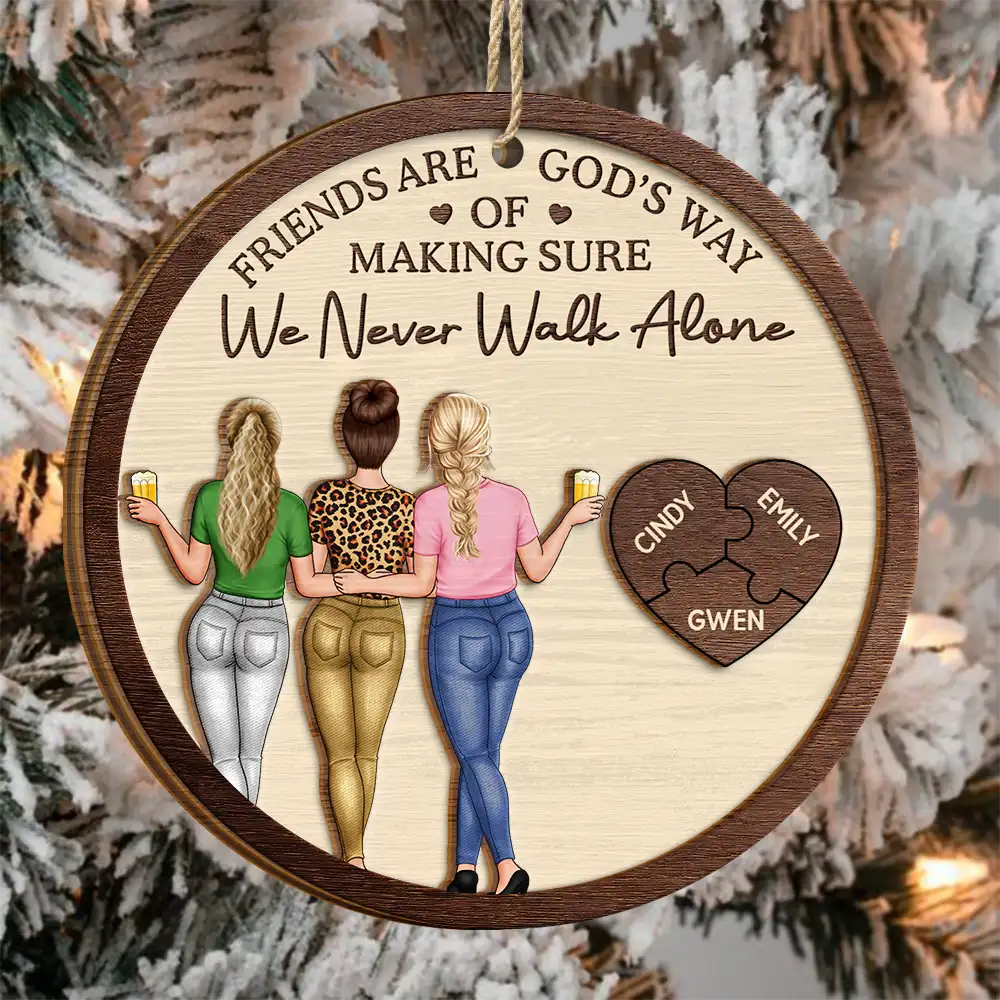 2-Layer Wooden Ornament with Hugging Friends & Puzzle Heart, We Never Walk Alone - Unique Christmas Gift for Best Friend - Image 3