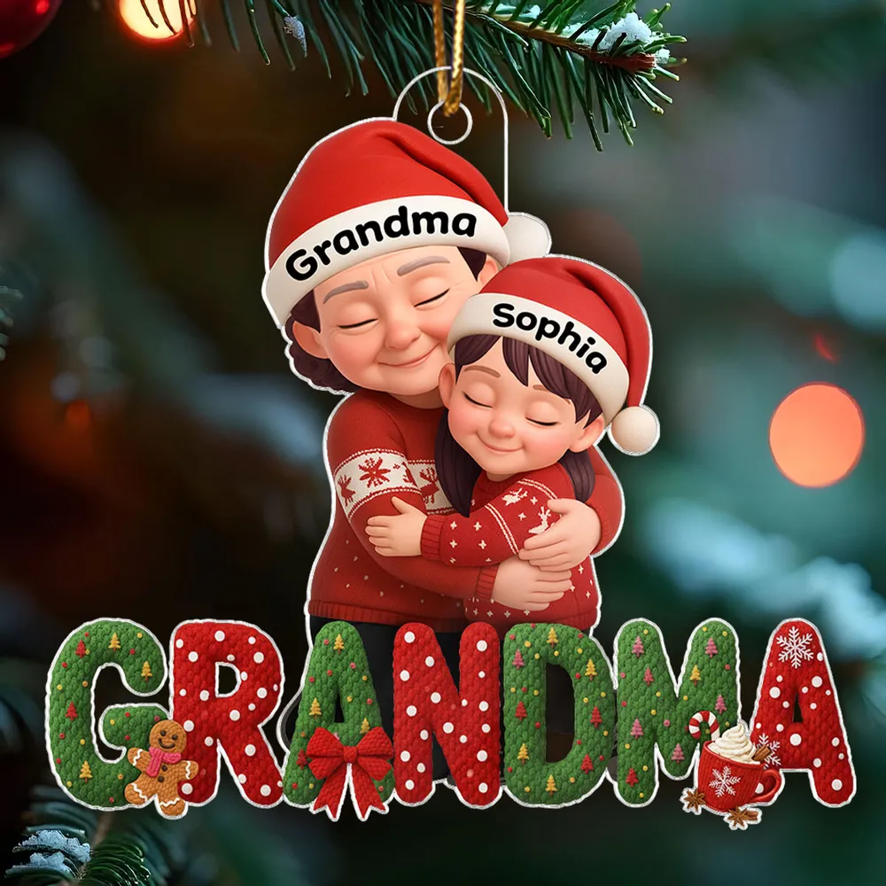 Grandma & Grandkids Acrylic Ornament, Santa Hats Hugging Design, Christmas Tree Decor, a unique gift for Grandma - Image 5