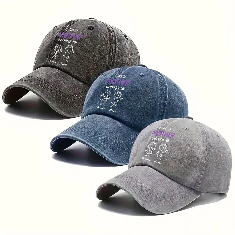 Washed Denim Baseball Cap - 'This Grandma Belongs To' Personalized, Hand-Drawn Stick Kids, Unique Gift for Grandma - Image 3