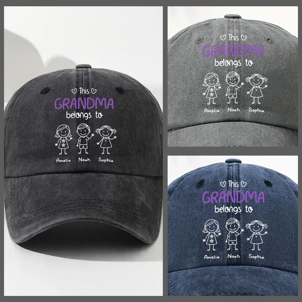 Washed Denim Baseball Cap - 'This Grandma Belongs To' Personalized, Hand-Drawn Stick Kids, Unique Gift for Grandma - Image 5