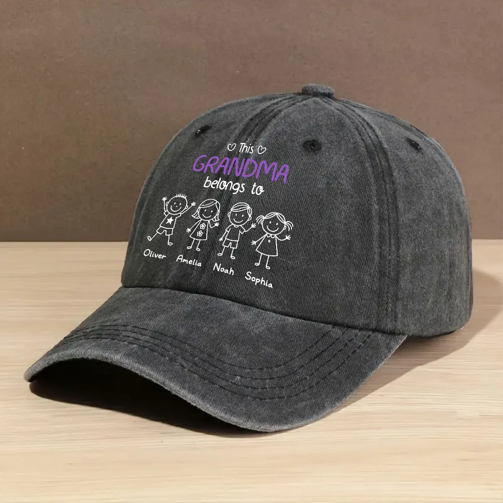 Washed Denim Baseball Cap - 'This Grandma Belongs To' Personalized, Hand-Drawn Stick Kids, Unique Gift for Grandma - Image 6