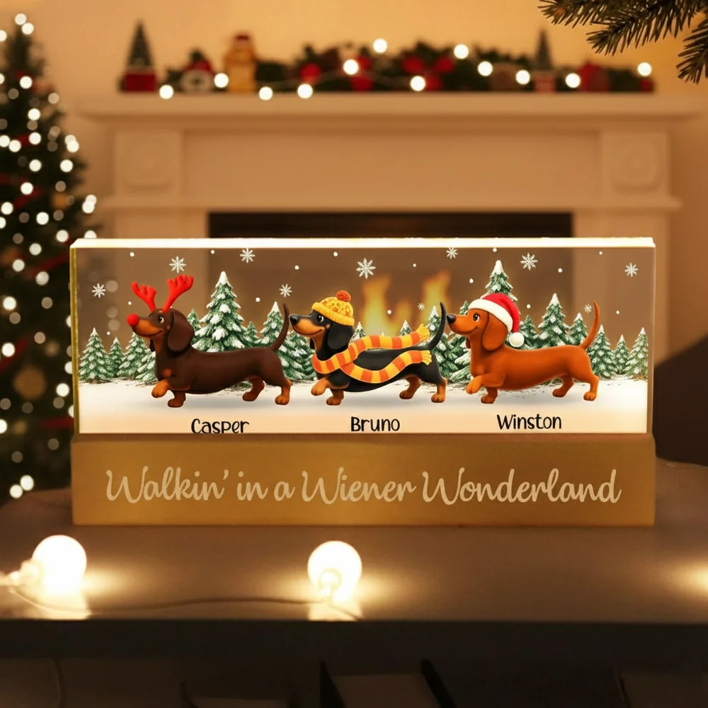 Personalized LED Light Plaque, Festive Dachshunds, Warm Glow, Snowy Christmas Scene, Creative Gift for Dog Lovers