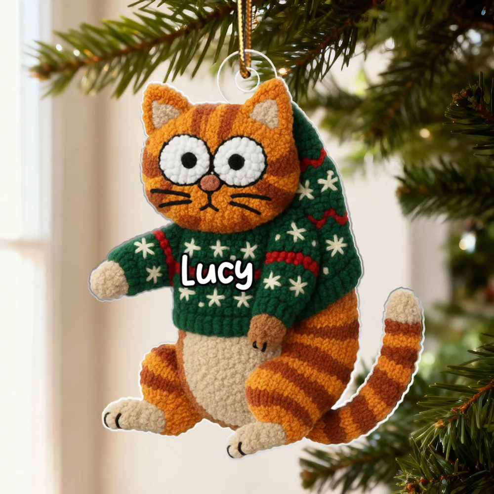 Personalized Cat Acrylic Christmas Ornament with Cozy Latch-Hook Look Sweater – Cute Holiday Gift for Cat Lovers - Image 3