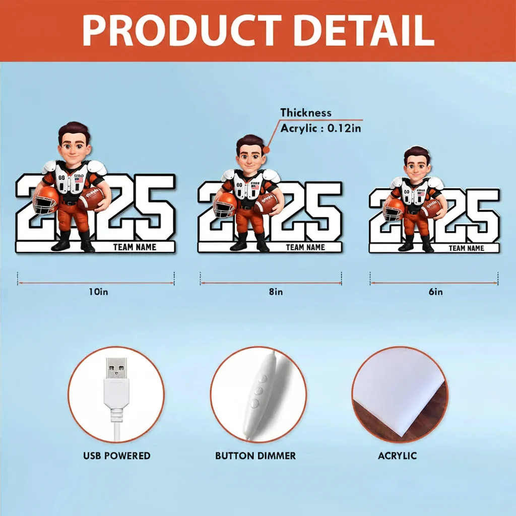 Acrylic Light Box - Custom Football Player Design, Warm Glow for Bedroom or Desk, Unique Gift for Players & Fans - Image 4