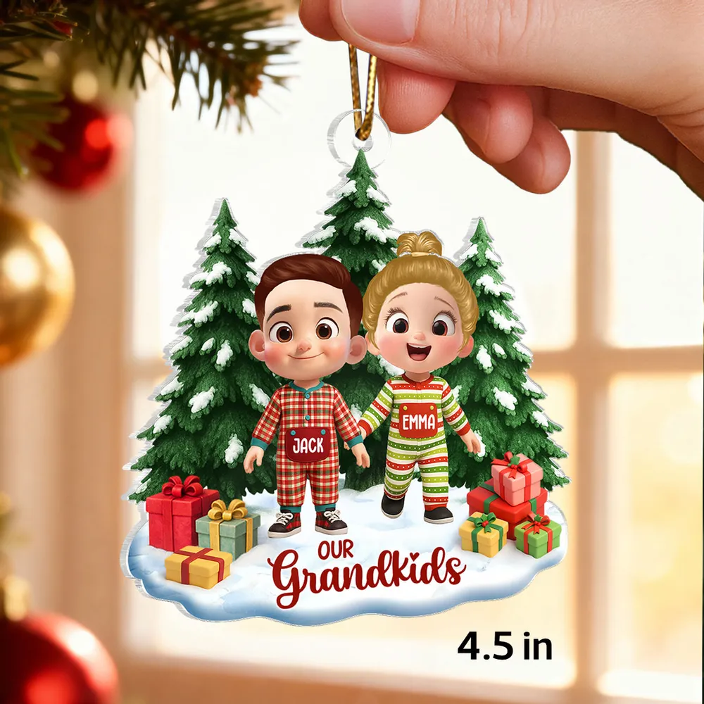 Personalized Acrylic Ornament with Cute Cartoon Grandkid, Festive Christmas Trees & Gifts, Unique Holiday Gift for Grandma & Grandpa - Image 2