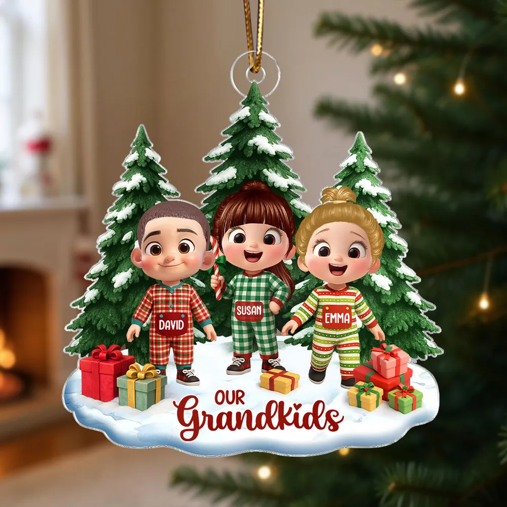 Personalized Acrylic Ornament with Cute Cartoon Grandkid, Festive Christmas Trees & Gifts, Unique Holiday Gift for Grandma & Grandpa - Image 3
