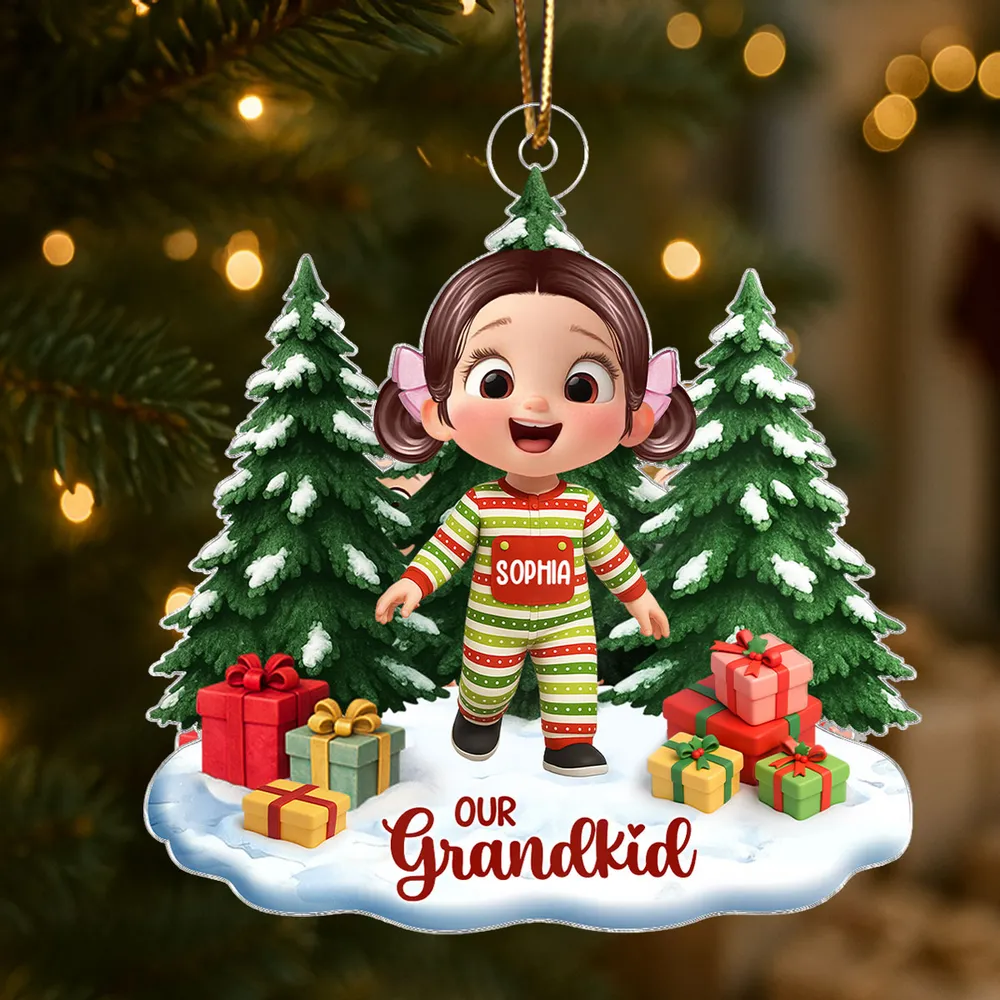 Personalized Acrylic Ornament with Cute Cartoon Grandkid, Festive Christmas Trees & Gifts, Unique Holiday Gift for Grandma & Grandpa - Image 6
