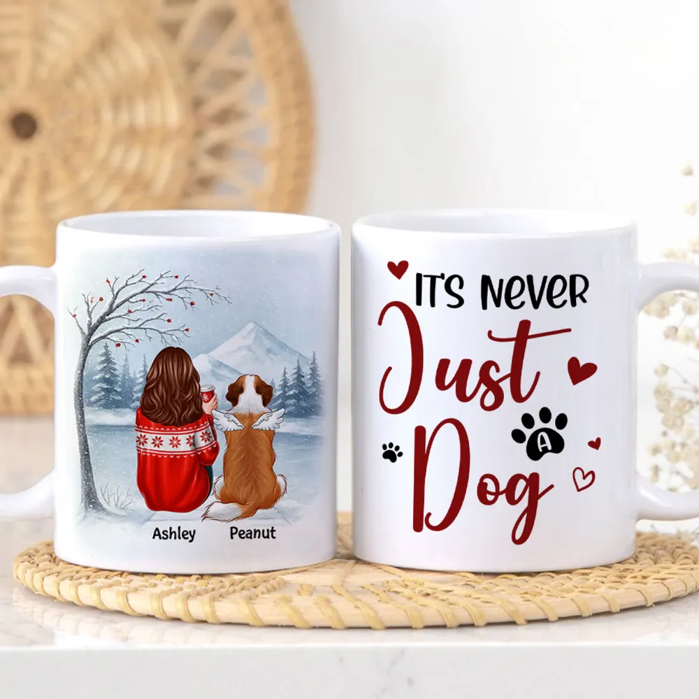Personalized White Ceramic Mug for Dog Moms with Angel Pup Illustration, Winter Scene, Meaningful Pet Memorial Gift - Image 3