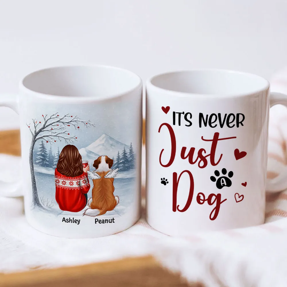 Personalized White Ceramic Mug for Dog Moms with Angel Pup Illustration, Winter Scene, Meaningful Pet Memorial Gift - Image 7
