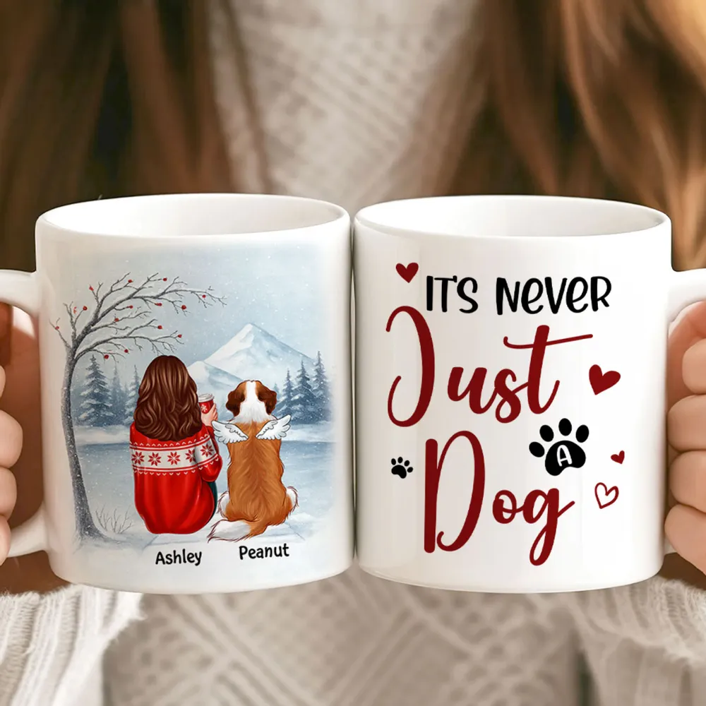 Personalized White Ceramic Mug for Dog Moms with Angel Pup Illustration, Winter Scene, Meaningful Pet Memorial Gift - Image 8