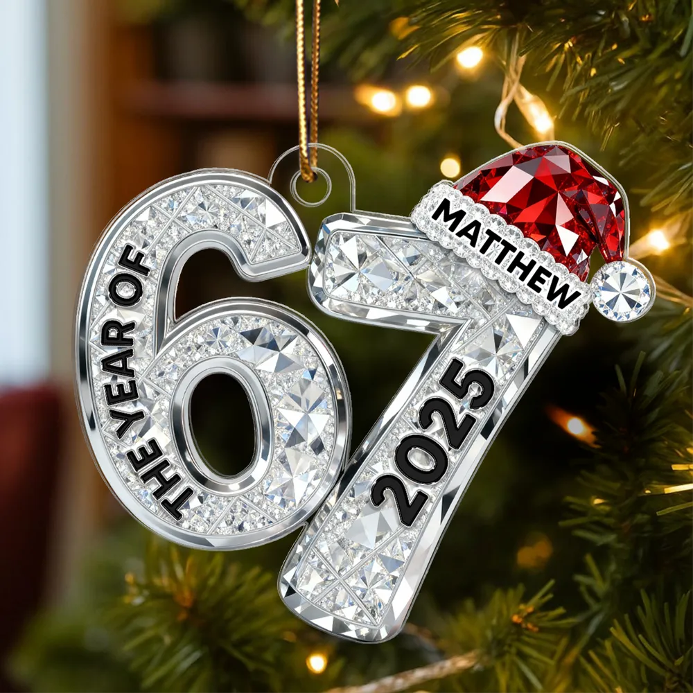 Custom 67 Acrylic Ornament With Santa Hat, Funny Gen Alpha Christmas Keepsake And Unique Gift For Kids Or Grandchildren