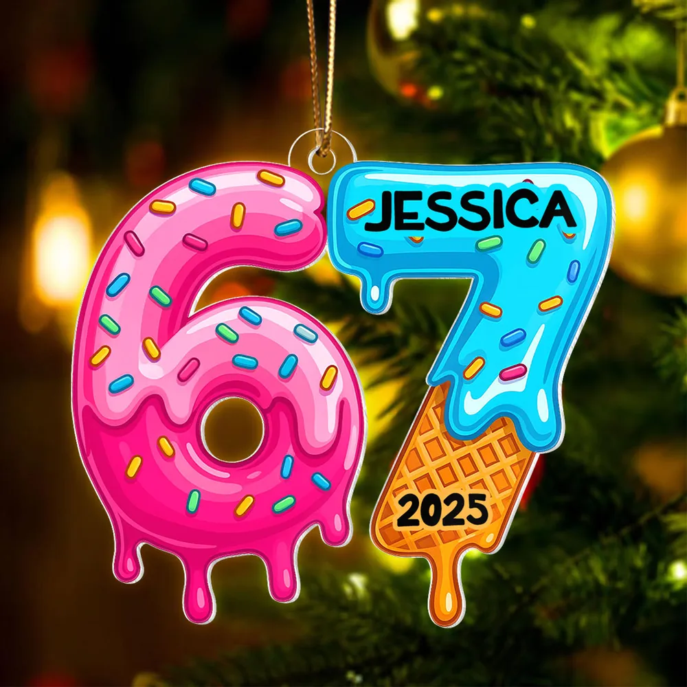 Personalized 6 7 Acrylic Ornament with Cute Dripping Sprinkles Design, Fun Teen Slang Christmas Tree Decor, Unique Holiday Gift for Kids & Grandkids
