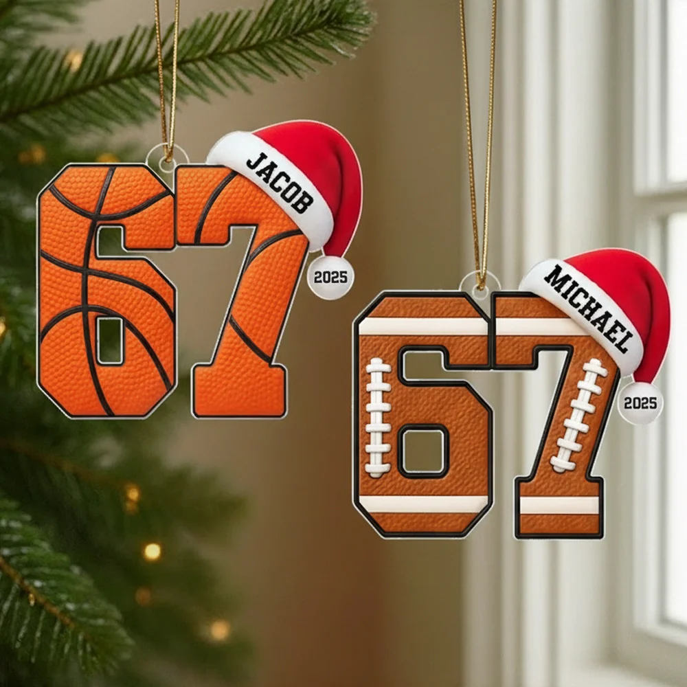 Funny 67 Sports Acrylic Ornament for Teens, Basketball & Football Design, Unique Christmas Tree Gift
